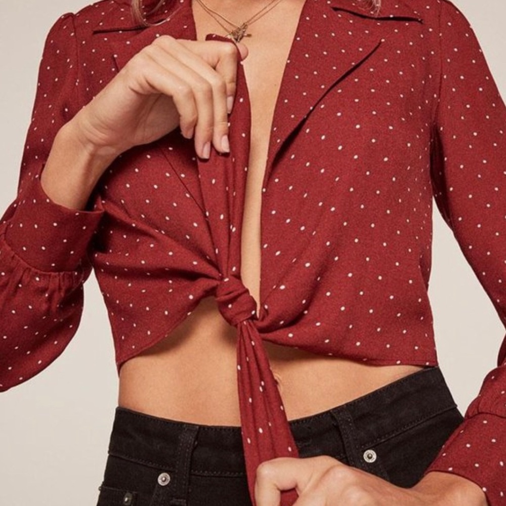 Reformation long sleeve red polka dot crop top.